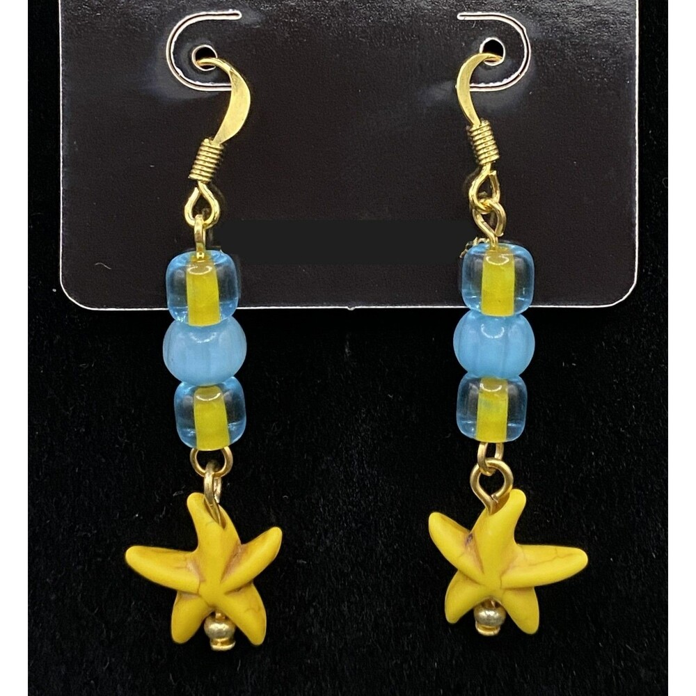 Handmade Yellow Starfish with Blue & Yellow Glass Bead Earrings by Neanie-Bot
